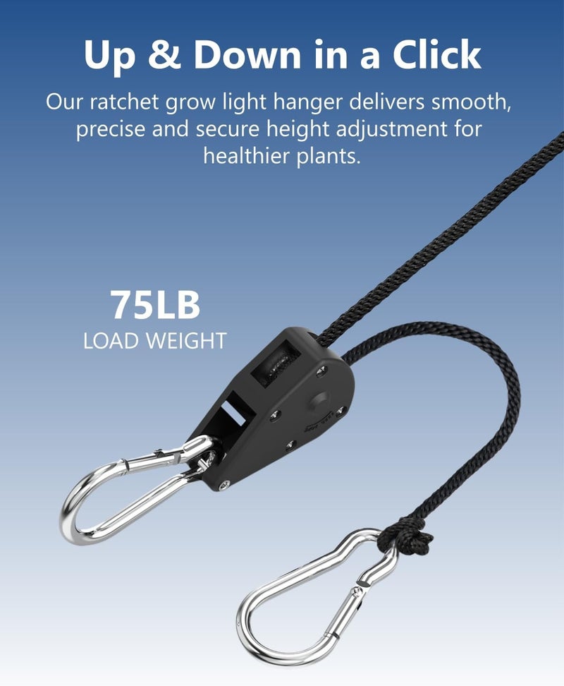 EVMANZ 1/8" Adjustable Grow Light Hangers: 8 Pack Easy of Use Ratchet Ropes - Quick Hanging Accessories for Grow Tent - Image 2